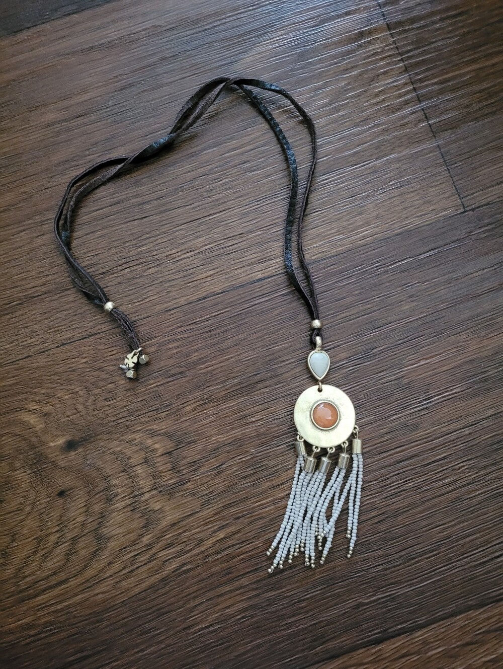 Lucky Brand Long Western Bolo Style Leather Cord Necklace with Beaded Fringe